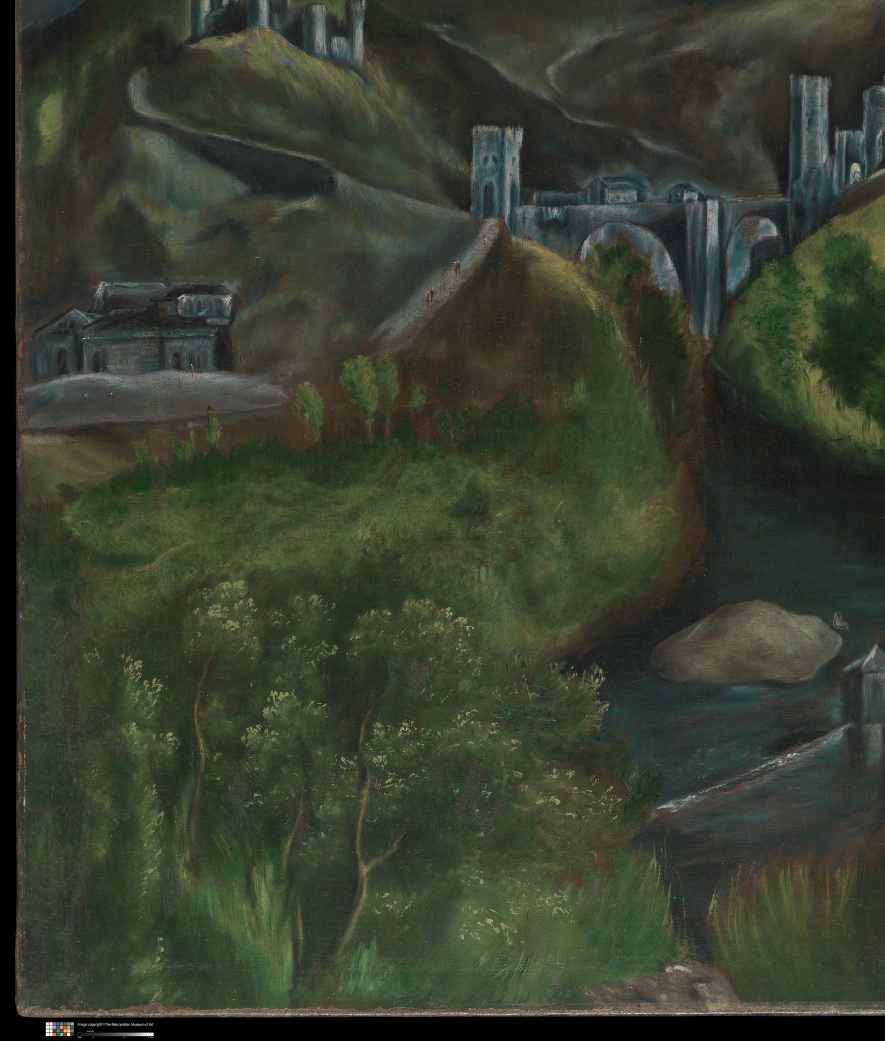 The deep, nearly black-green foliage anchors the composition and shows El Greco's bold tonal compression , shadow as solid as stone