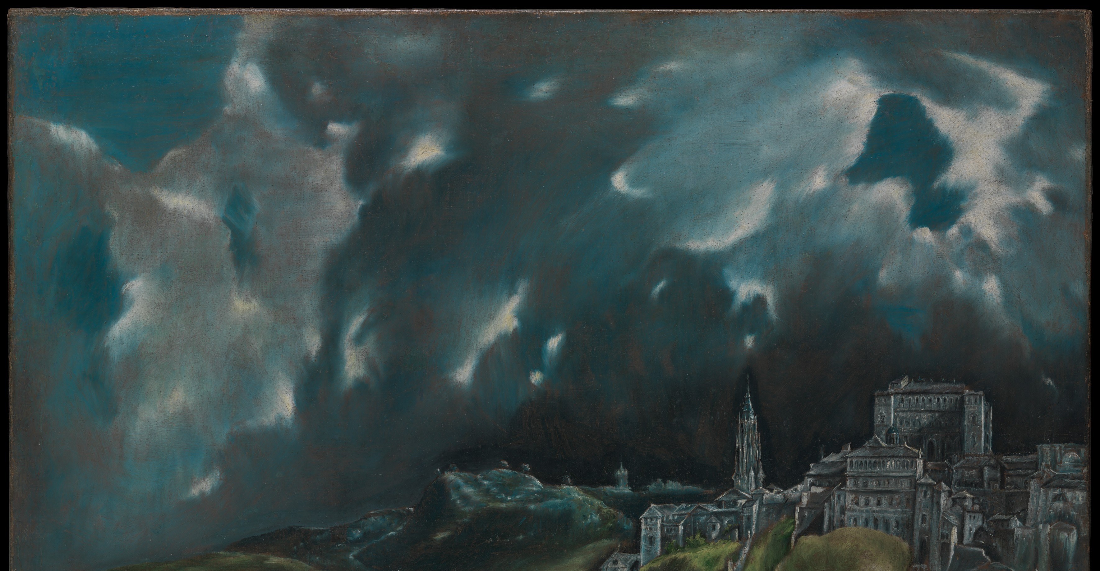 The defining element , widely considered one of the greatest painted skies in Western art; its charged, theatrical atmosphere is El Greco's primary subject, not the city