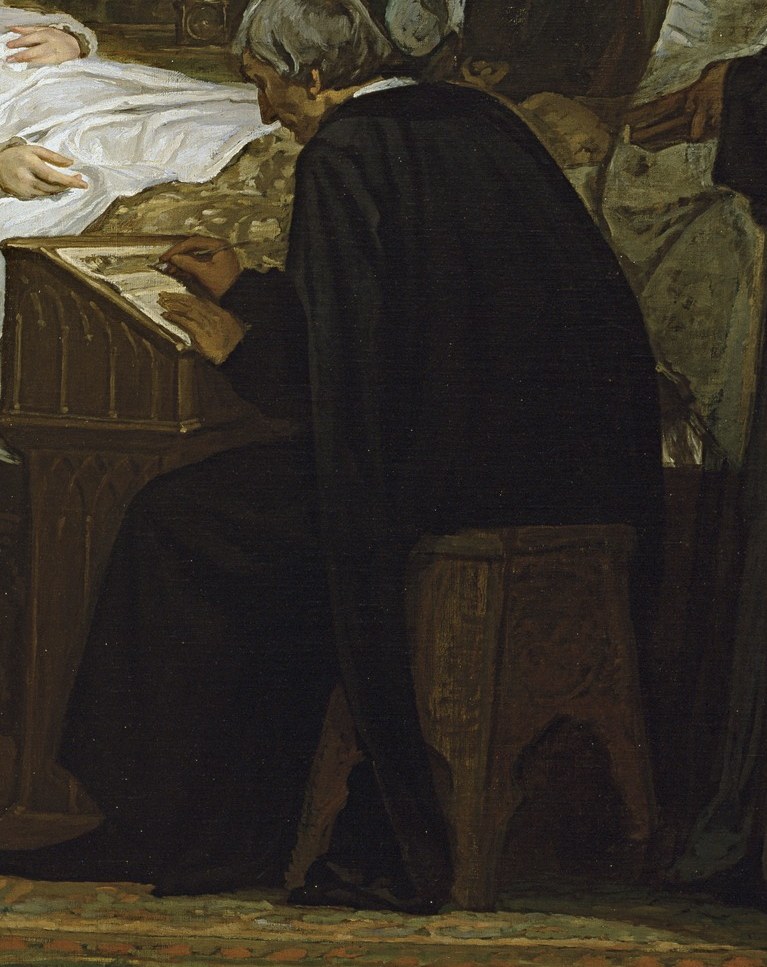 Her confessor writes, recording the words.