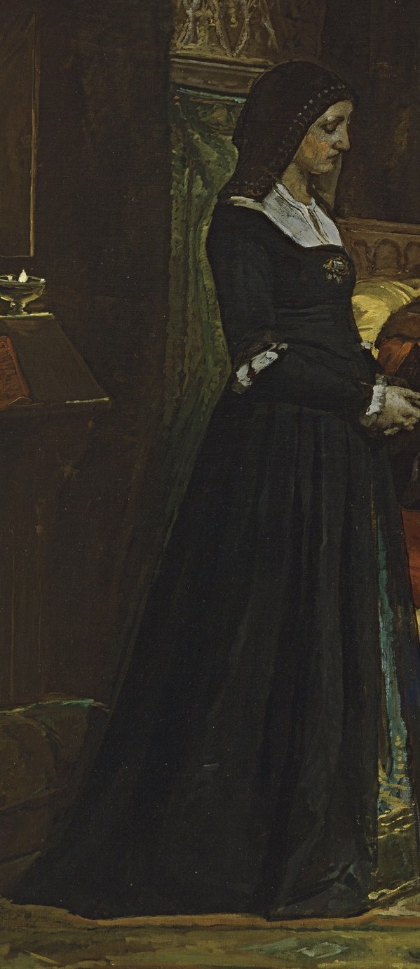 A woman in black stands apart, mourning.