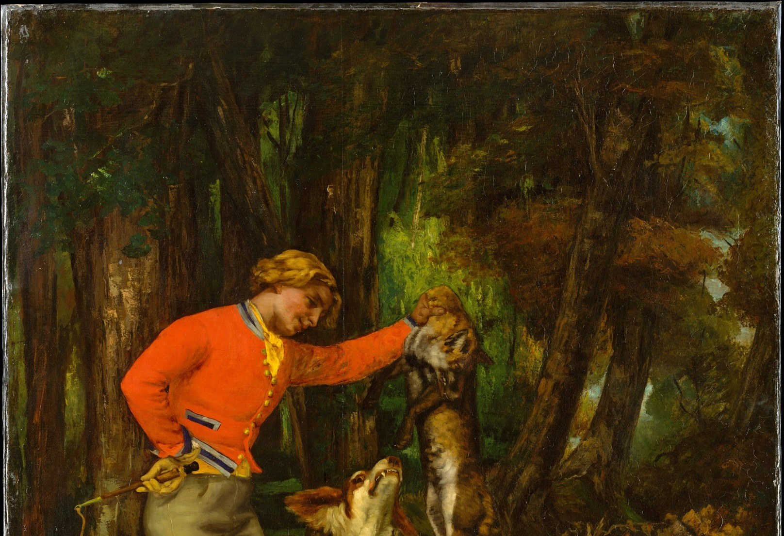 Courbet builds the forest from slabs of near-black and deep green, forcing the red jacket to pop; the technique is deliberately anti-academic , raw, dense, and physical rather than picturesque.