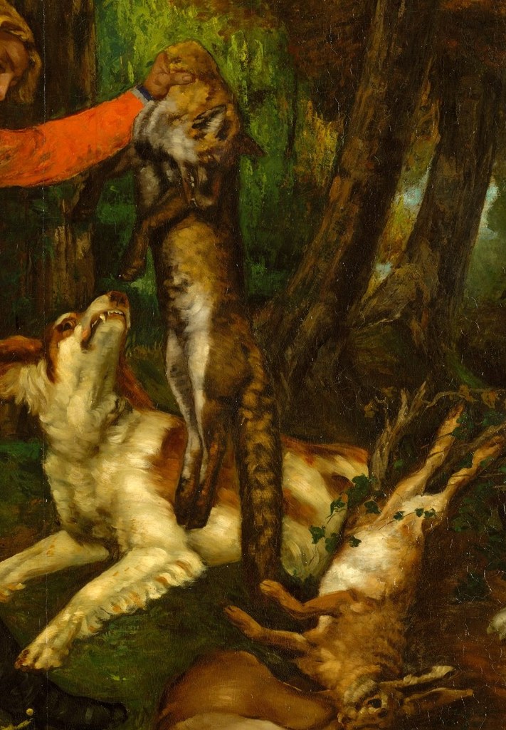 The dog's upward lunge and open mouth animate an otherwise static composition; its eagerness reads as uncomplicated animal desire against the human's composed pride.