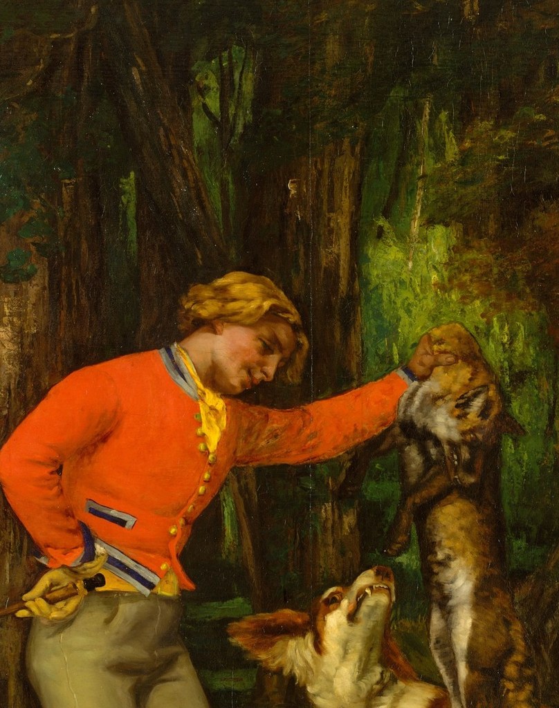 The single boldest color note in the composition; Courbet uses it as a compositional anchor against the near-black forest, demonstrating his trademark bravura handling of saturated pigment.