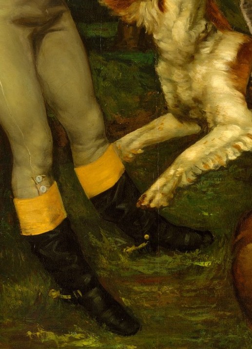 The boots are period-accurate 19th-century hunting dress and a secondary color accent; a close-up reveals the texture of leather and the casual stance of someone comfortable in the field.