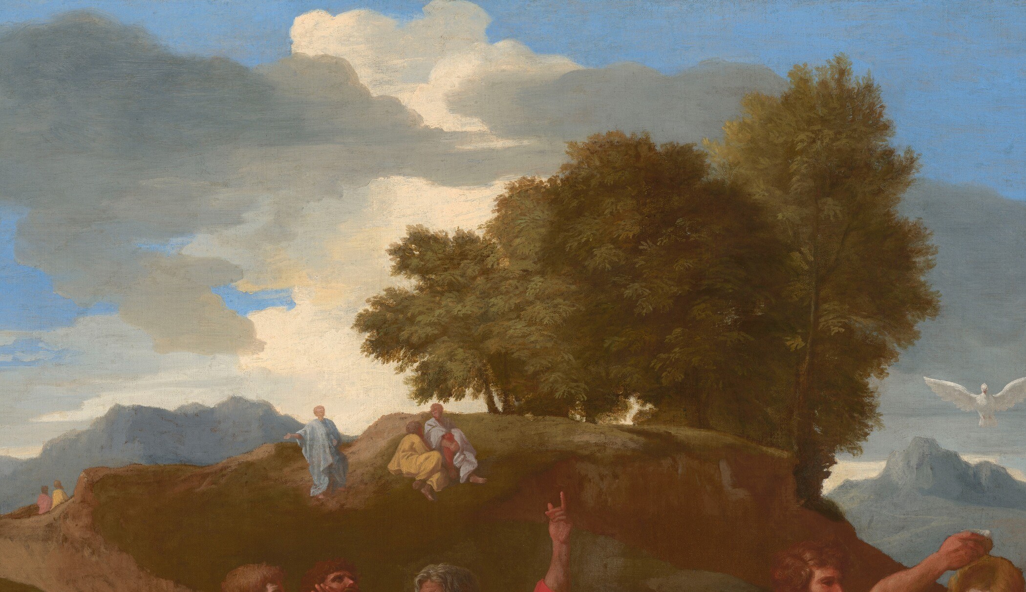 Poussin's classical proscenium arch in paint , the shadowed trees frame the illuminated central figures like a stage set, a device borrowed directly from antique relief sculpture.