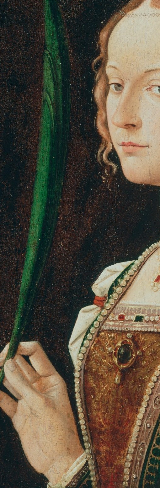 A symbol of martyrdom, its vibrant green contrasts with the dark background and her attire.