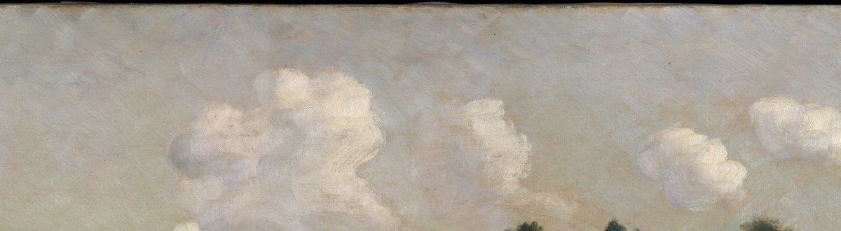 The most active painterly passage in the sky; the clouds swell with loose, confident brushwork that contrasts with the flat horizon below, giving the scene its open, American-pastoral breathing room.