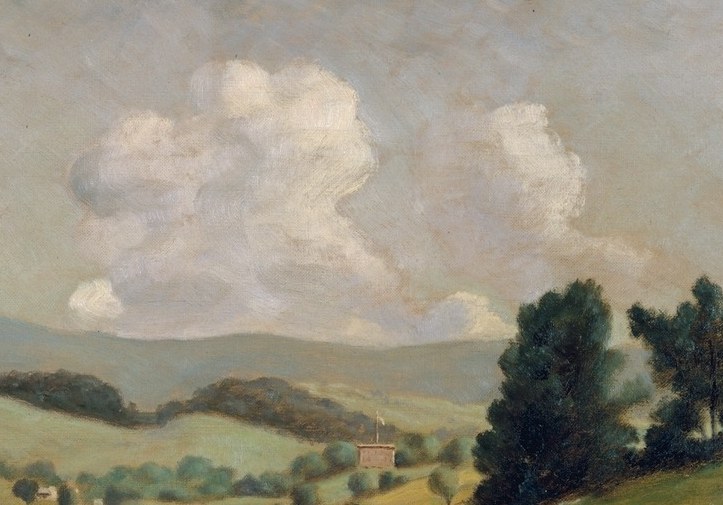 The defining geological landmark of the painting , its pale blue-green mass dominates the composition and gives the work its name; a close-up reveals how Eilshemius renders atmospheric haze with thin, layered paint.