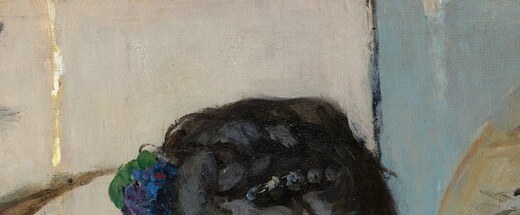 The only dark accent in a predominantly white palette; it anchors the left figure visually and marks her fashionable 1869 bourgeois status.