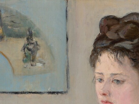 Her composed, slightly outward gaze creates quiet psychological contrast with the reading sister , she is present to the world while the other retreats into the page.