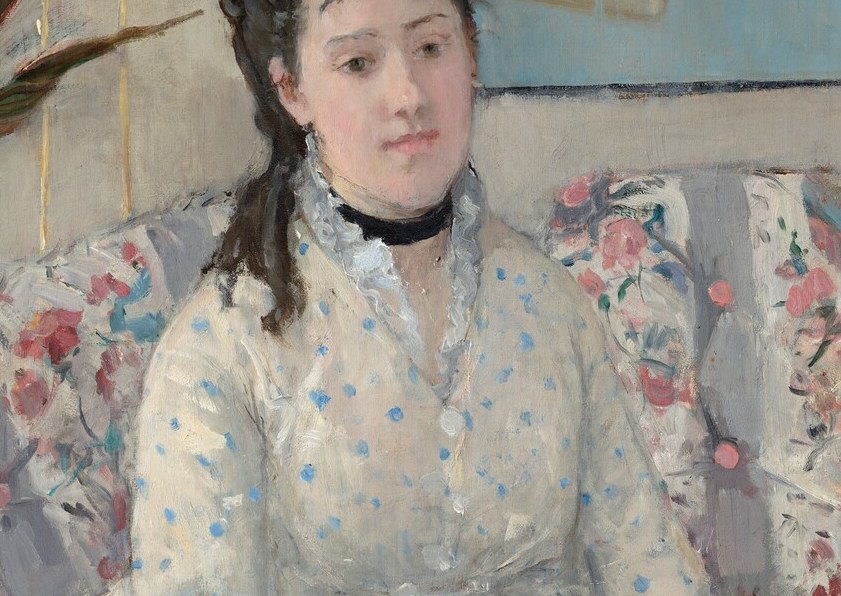 The freely painted surface reveals how Morisot builds texture with short strokes; a close-up shows the dress dissolving into the sofa fabric, a technical bravura passage.