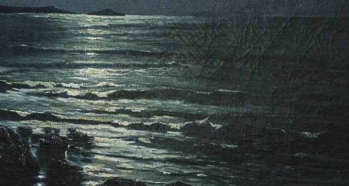 The moon's reflection creates a transient, meditative atmosphere.