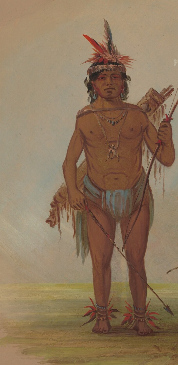 Look first at the feathers. Two men wear them in vivid bursts.