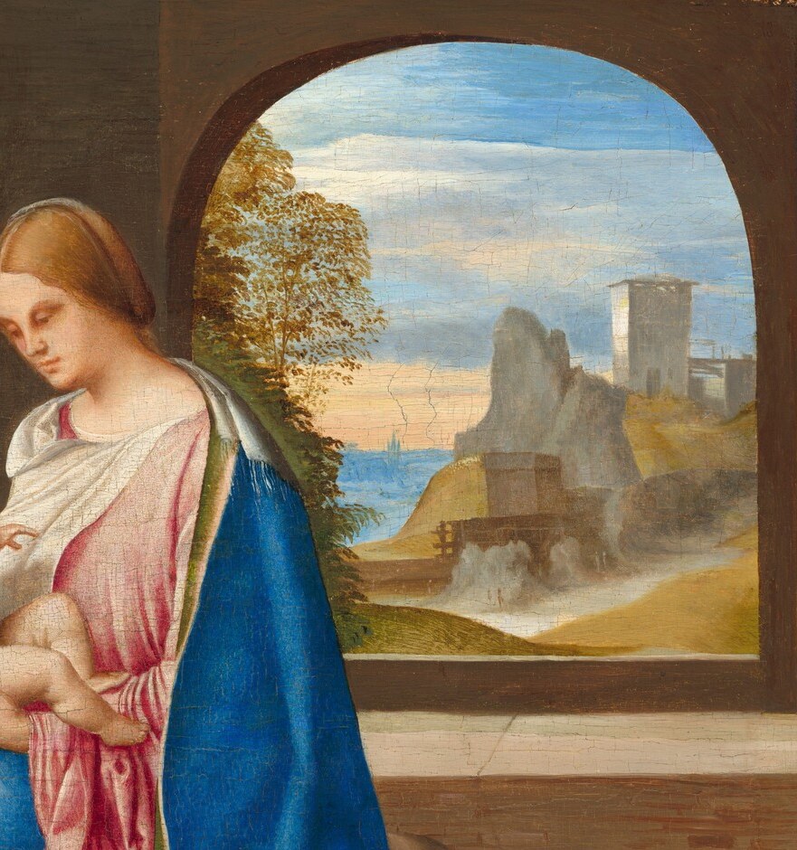 The arch acts as a picture-within-a-picture frame, separating the warm domestic interior from a cooler, luminous outside , a structural device Giorgione returns to repeatedly.