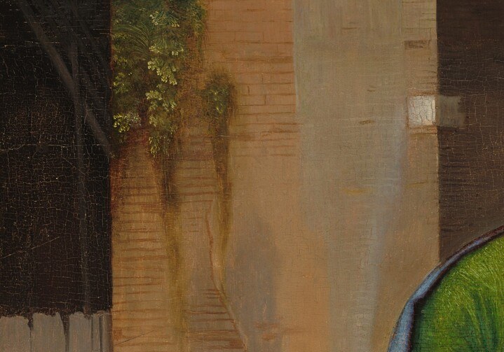 The older man's expression of wondering tenderness is the emotional anchor of the left half , creased skin and the lean of devotion rather than stiff reverence.