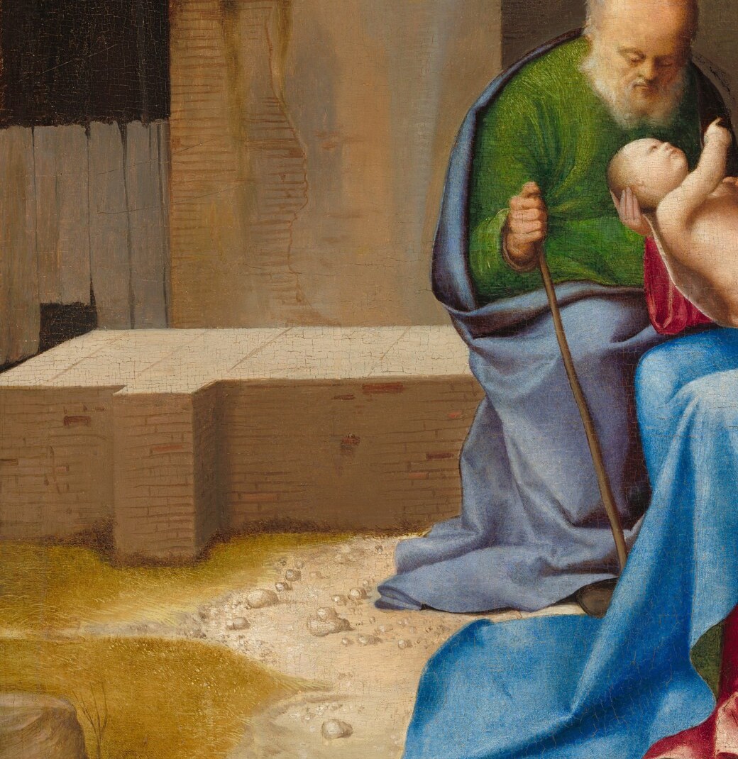 Giorgione's saturated green is almost pigment-dense enough to be distracting , its richness argues the panel has retained unusually little tonal decay, worth showing in close-up.