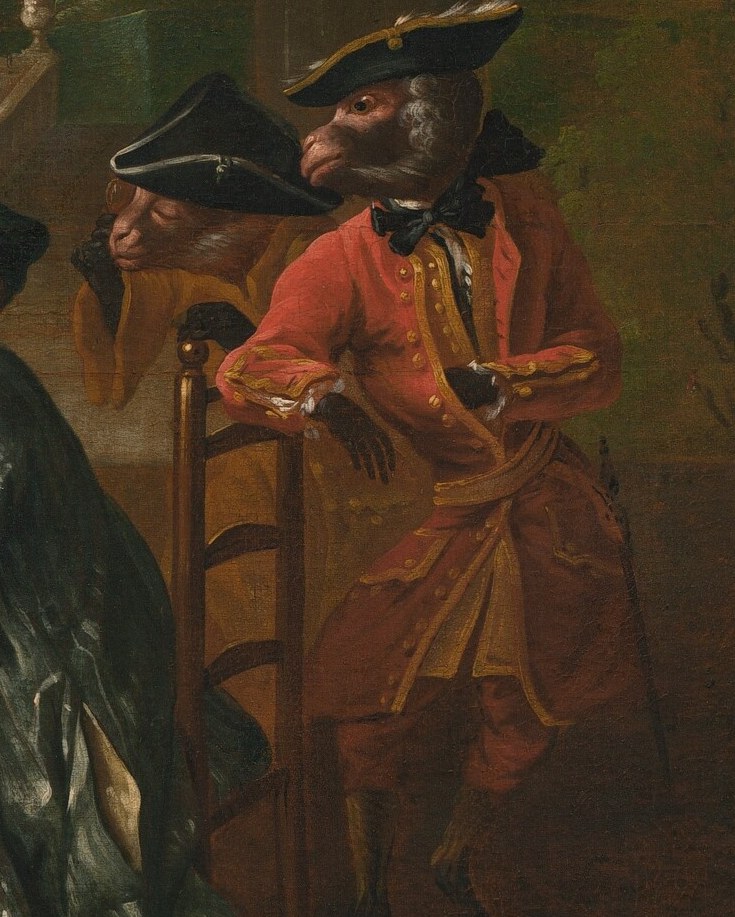 Behind him, a patron in a red coat and fine hat.
