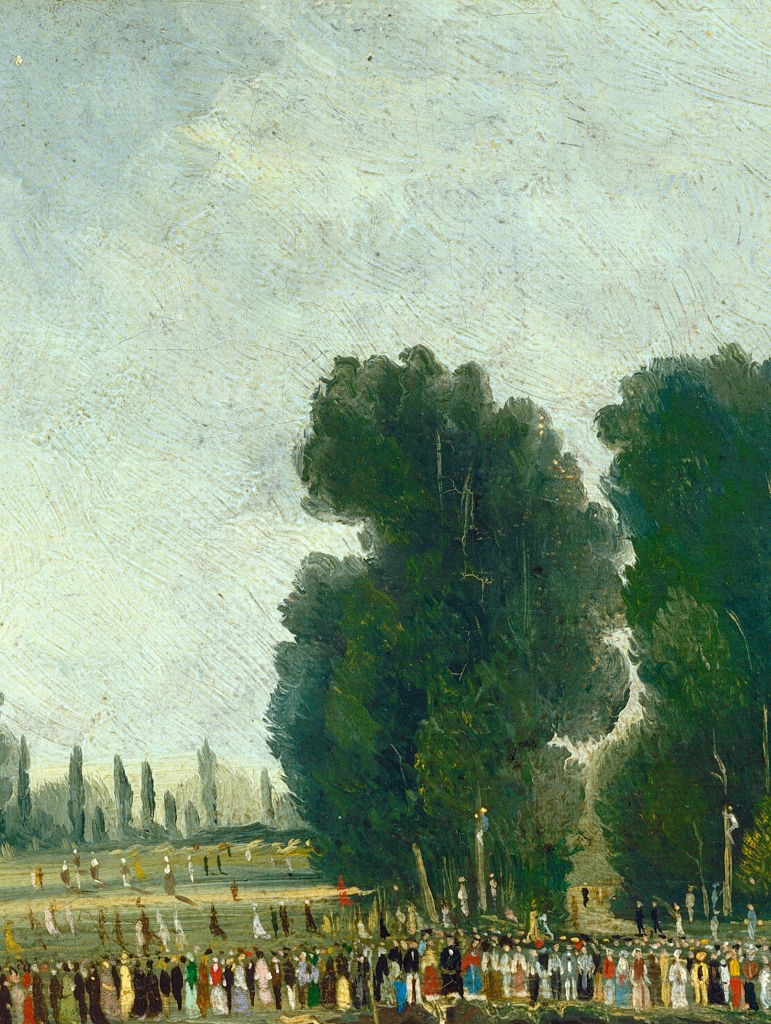 The compositional anchor and richest tonal passage in the work; their vertical mass counterbalances the horizontal sweep of river and crowd.