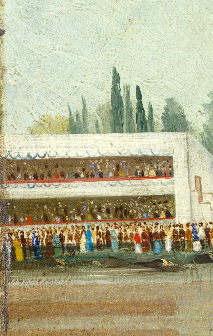 Notice the detailed, elevated grandstand on the left.