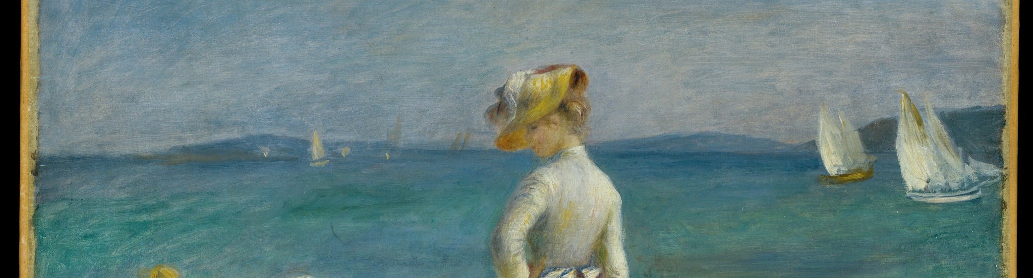 Renoir's sea is rendered in horizontal strokes of turquoise and blue-white; the deliberate simplicity keeps it airy and avoids competing with the figures.