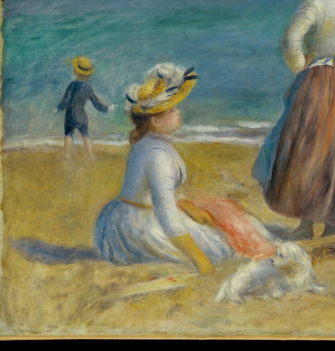 Her relaxed seated pose and averted gaze embody Renoir's ideal of women at ease; the blue dress is painted with loose strokes that echo the sea behind her.
