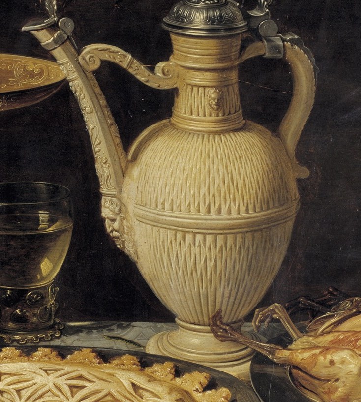 The textured surface and metallic lid of the ewer showcase the artist's ability to depict different materials and craftsmanship.