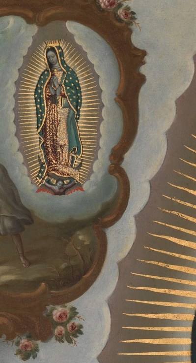 Four smaller scenes show her apparitions.