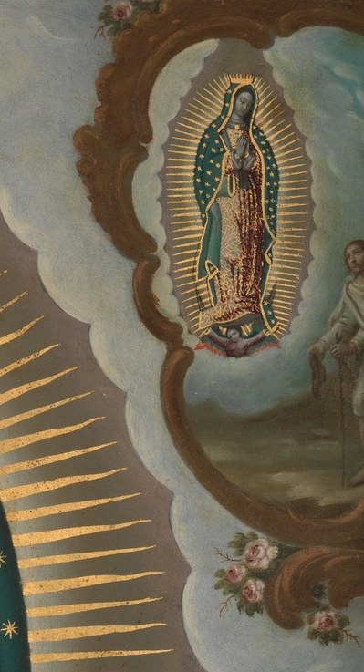 The repetition of the Virgin's image across different scenes emphasizes her pervasive presence and importance.