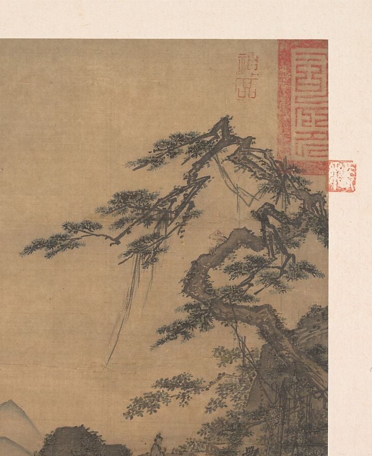 The compositional anchor , its gnarled, upward-reaching form embodies literati ideals of resilience and longevity; its scale dwarfs everything else deliberately