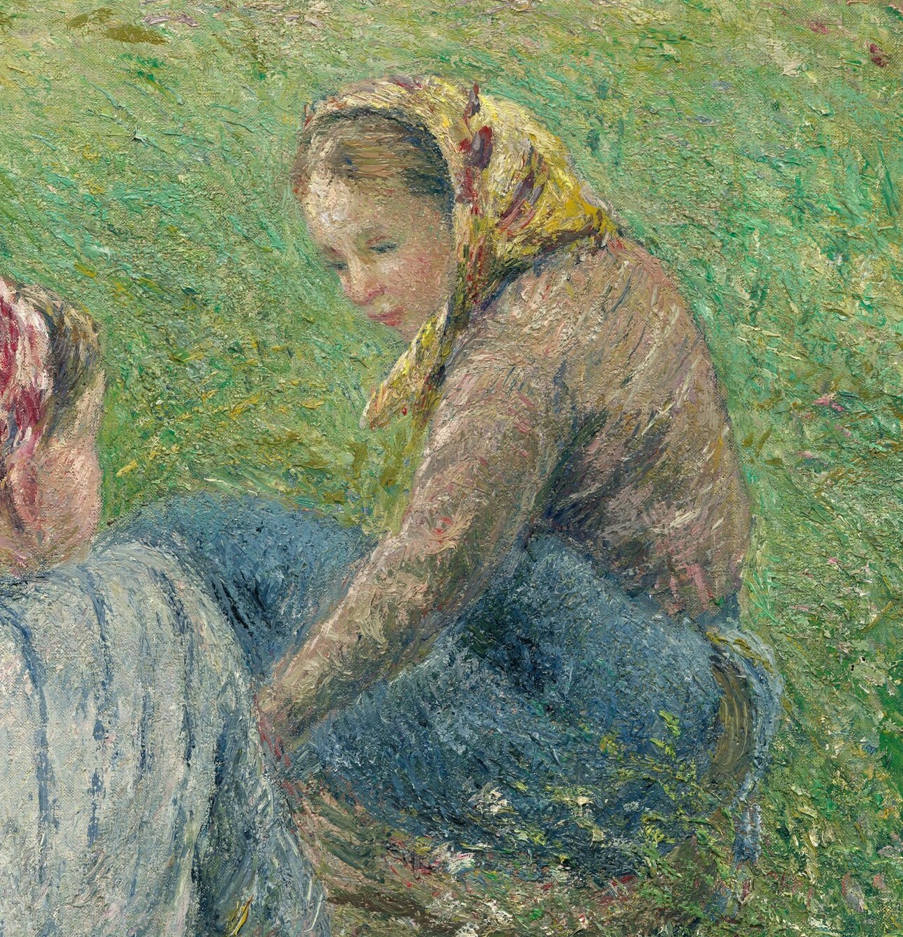 Her gaze is directed downwards, hinting at introspection or perhaps weariness from labor.