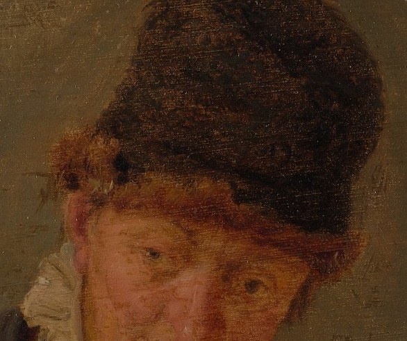 The rough texture of the hat contrasts with the softer rendering of his face.