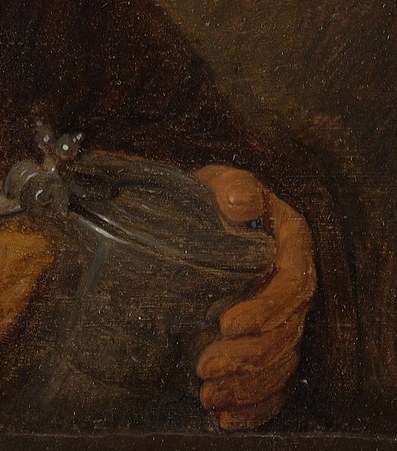 Notice his hands, loosely rendered, holding the tankard.