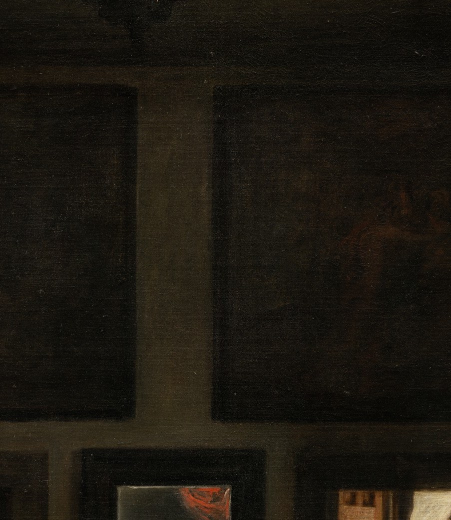 Technically the central figure, yet her gaze , and everyone else's , implies the true subjects are standing outside the frame where we stand; she is both subject and witness