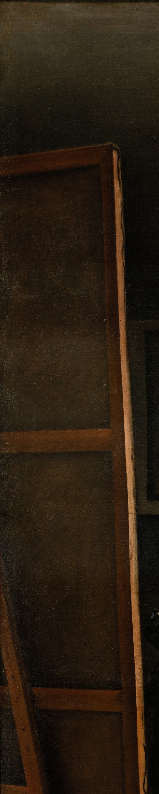 We are permanently denied sight of what he is painting , this deliberate concealment is the compositional engine that makes the whole scene interrogate itself
