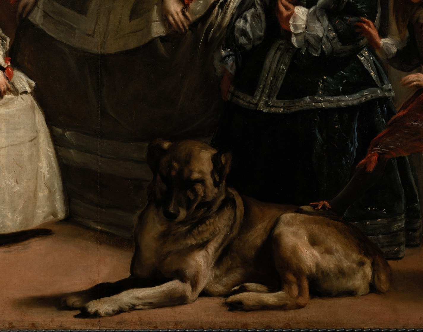 A compositional anchor and traditional emblem of loyalty; Nicolasito's foot resting on its flank tests its patience , a small animal drama anchoring the grand scene to earthly life