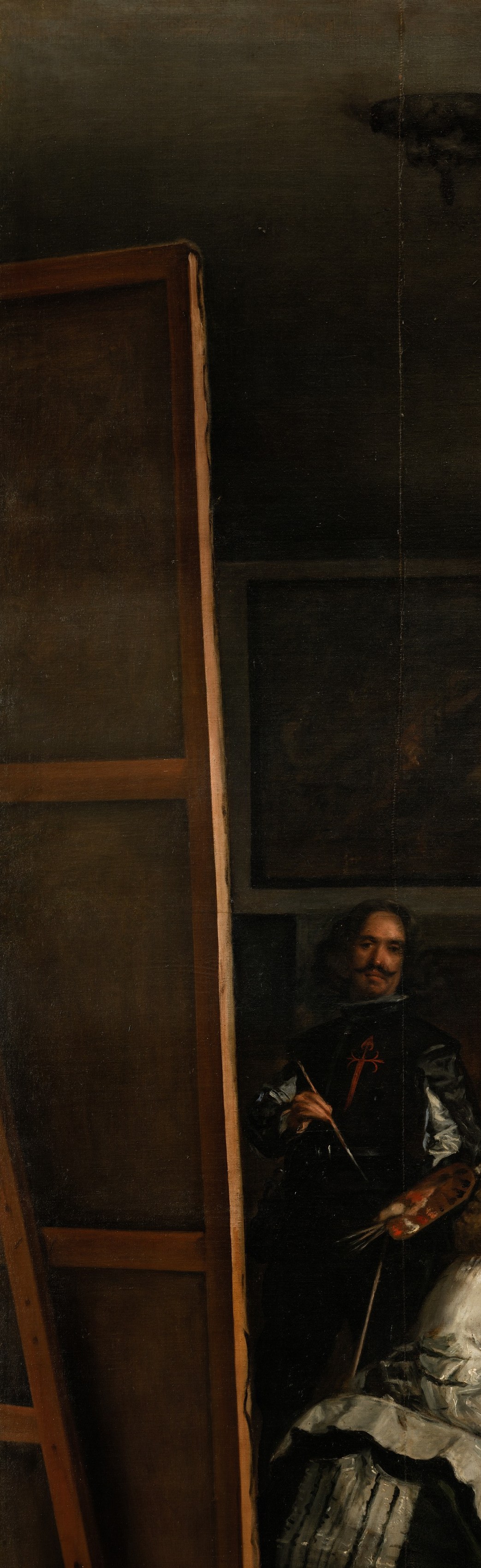 The painter inserts himself into the royal scene and gazes directly out at the viewer , the most audacious act of artist self-assertion in Western painting, claiming equality with the monarchs he serves