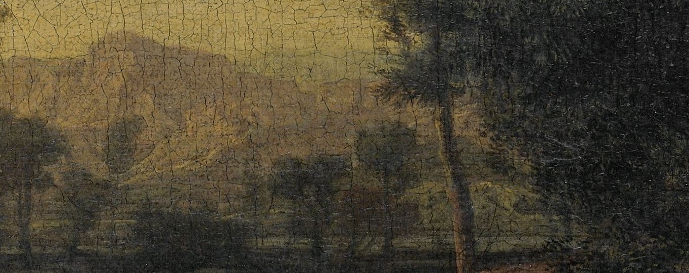 The hazy, atmospheric rendering of the mountains creates depth and a sense of vastness.