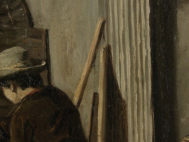 The hat's pale luminosity is the brightest spot in the lower right, pulling the eye directly to the artist and suggesting humble, workaday studio life