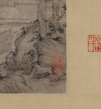 A second cluster of seals placed at the painting's base , likely later owners , creates a bracket with the upper seals and maps the scroll's passage through at least two collections.