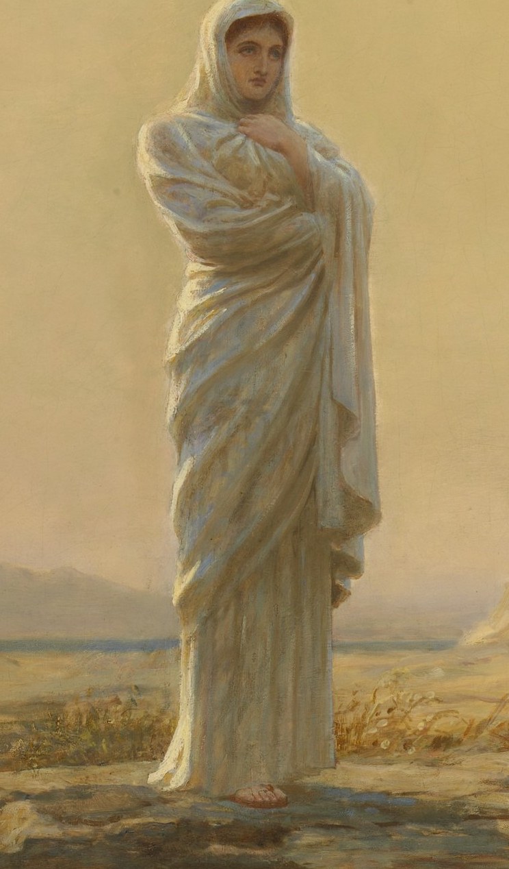 Her serene expression and posture suggest wisdom and a calm demeanor, contrasting with the dogs' energy.
