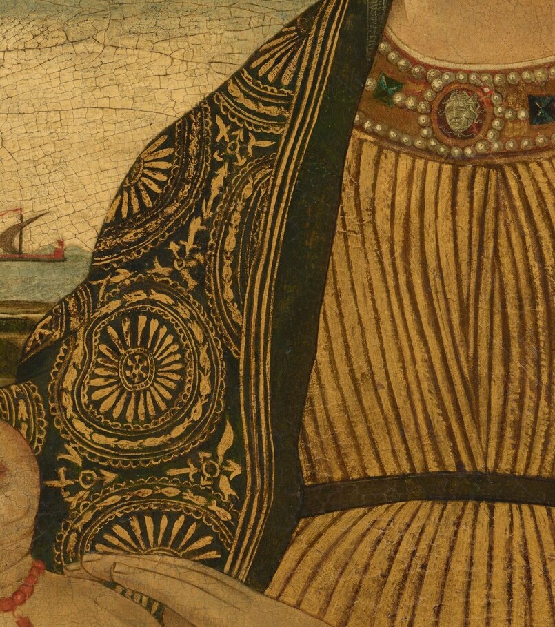 Unlike the Madonna, the Child looks outward , possibly directly at the devotional viewer , creating a sacred gaze that implicates the audience in the scene.