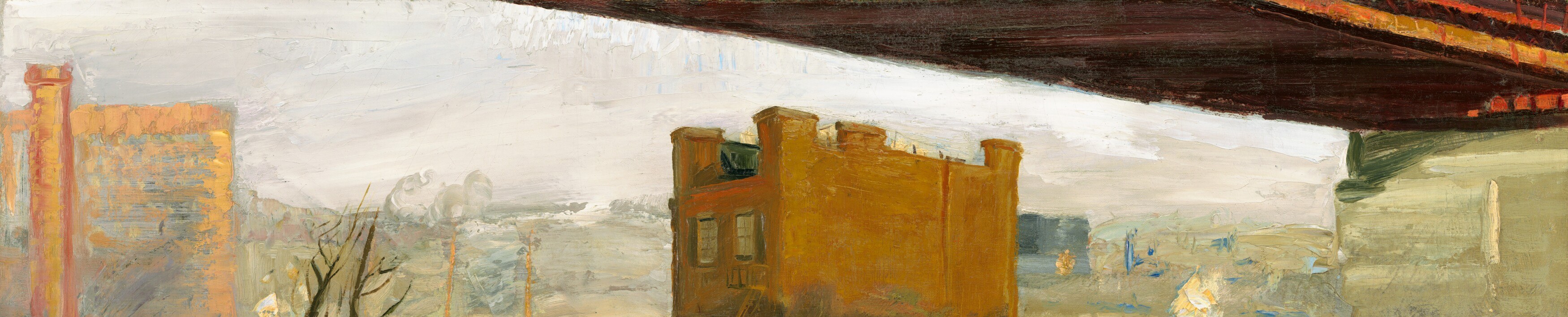 The muted, gray sky sets a somber and oppressive mood, characteristic of urban realism.