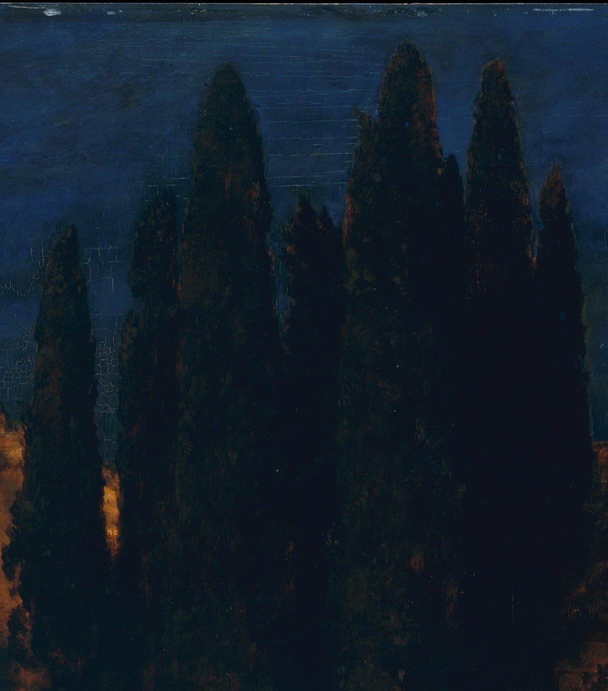Classical funerary trees of the Mediterranean , their vertical flame-like silhouettes puncture the sky and name the island before any tomb is spotted; the oldest death symbol in Western landscape