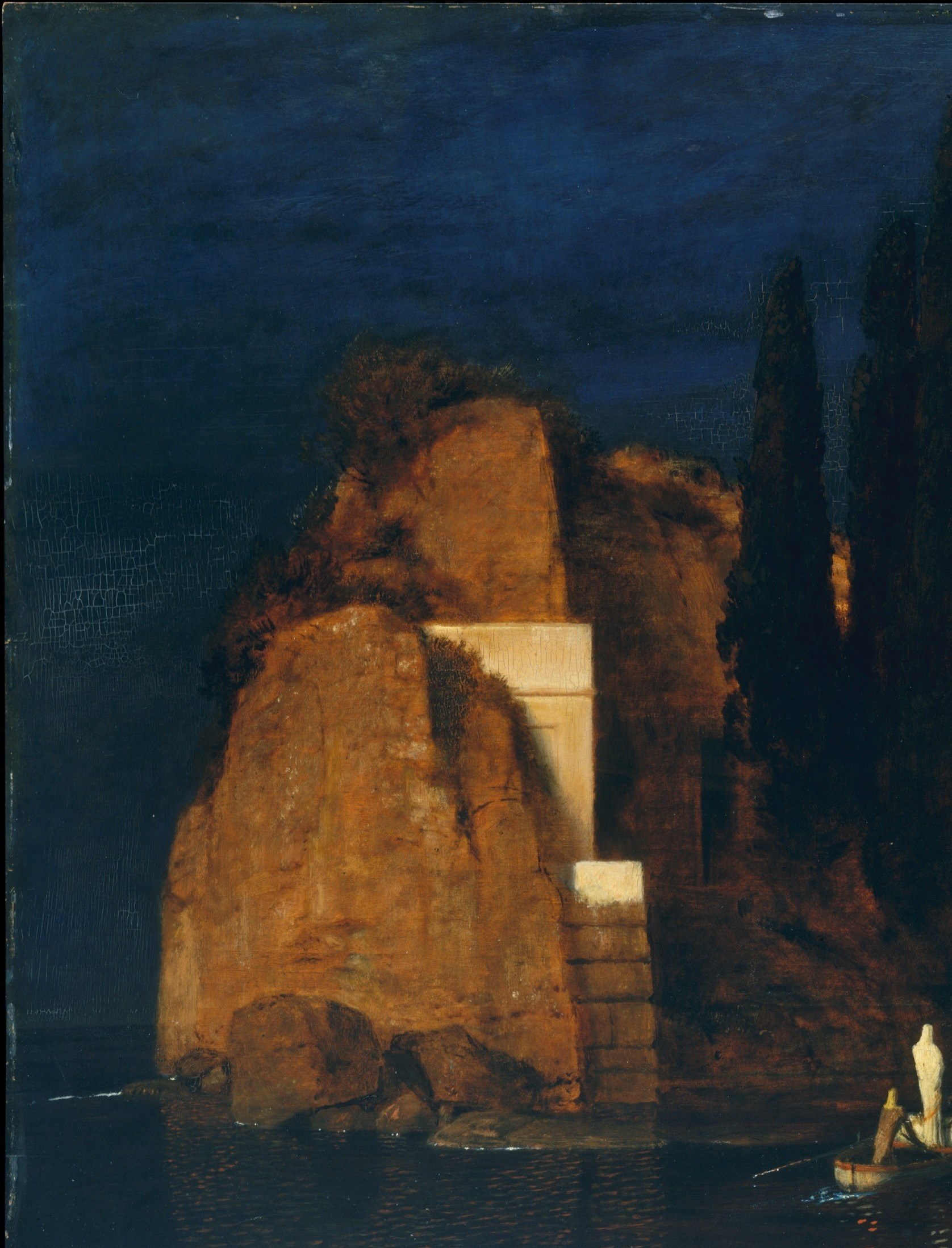 Böcklin's illusionistic stone surface , warm limestone gold against black water , creates an enclosed world with no visible sky line, a trap as much as a landscape