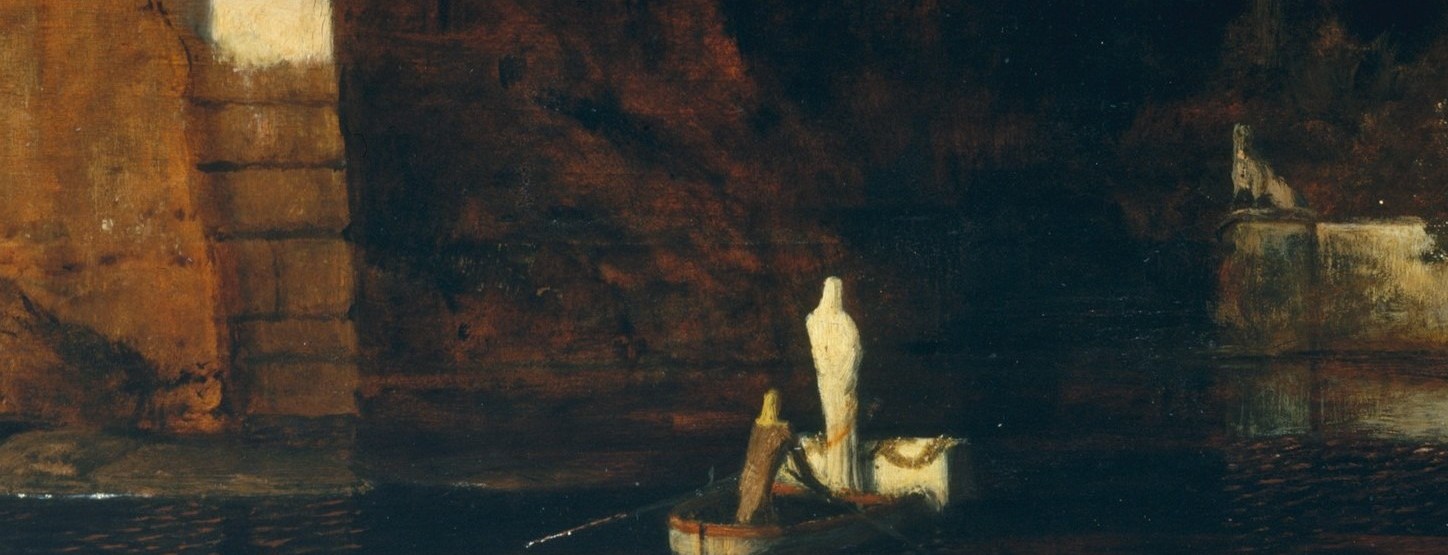 The Charon ferry made literal: a vessel so dwarfed by the looming cliffs that scale itself becomes the argument , human life is very small against what receives it