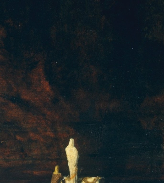 The painting's entire emotional weight compressed into a small white form , featureless, motionless, inevitable; embodies the soul being ferried and makes death feel like a posture, not an event