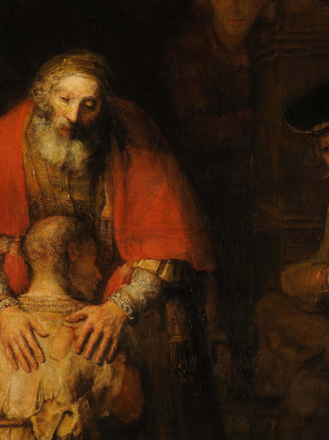 The dominant warm hue in the composition; red conventionally carries sacrifice and love, and here it visually wraps the kneeling son before the father's arms fully close.