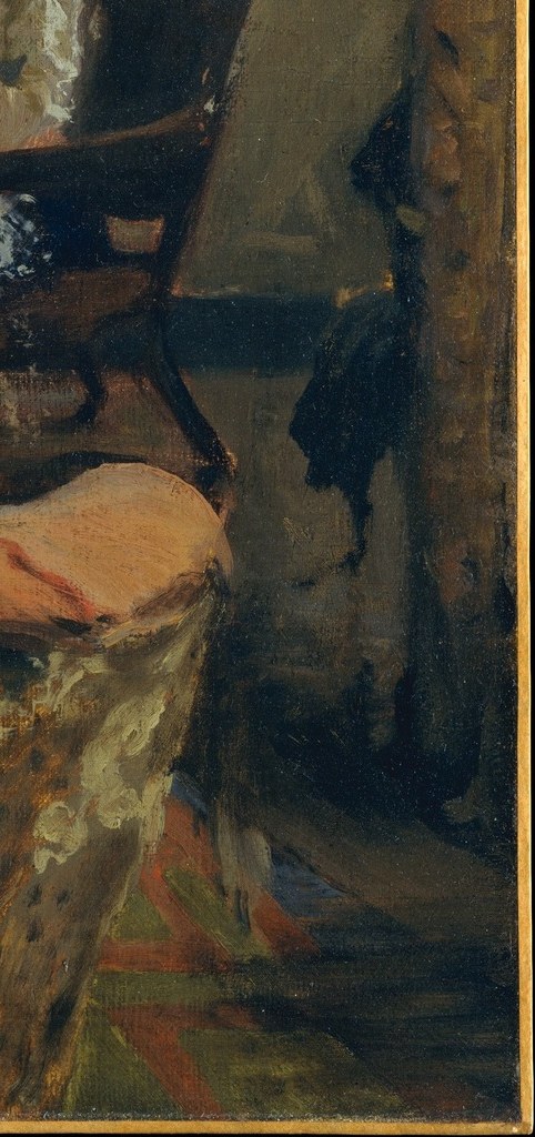 The heavy Victorian chair anchors the composition's right edge , period furniture that marks Gilded Age studio culture and Goodwin's sociological eye.