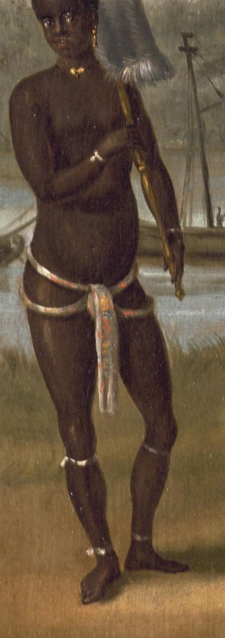Beside him stands an enslaved man, minimally dressed.