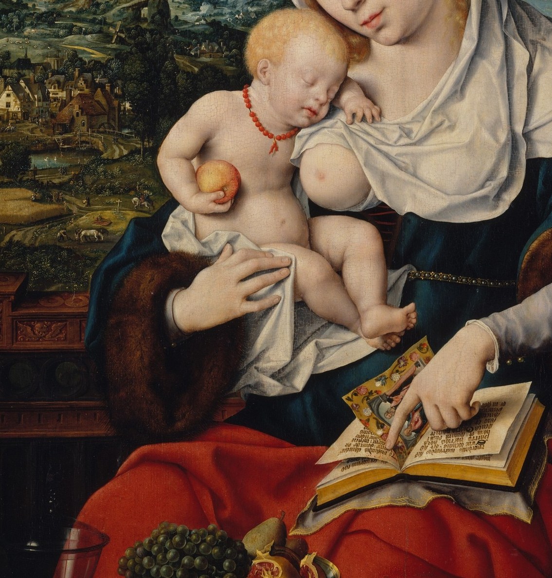 The contrasting ultramarine and vermilion were the most expensive pigments of the era; their pairing is a deliberate status signal for the divine patron.